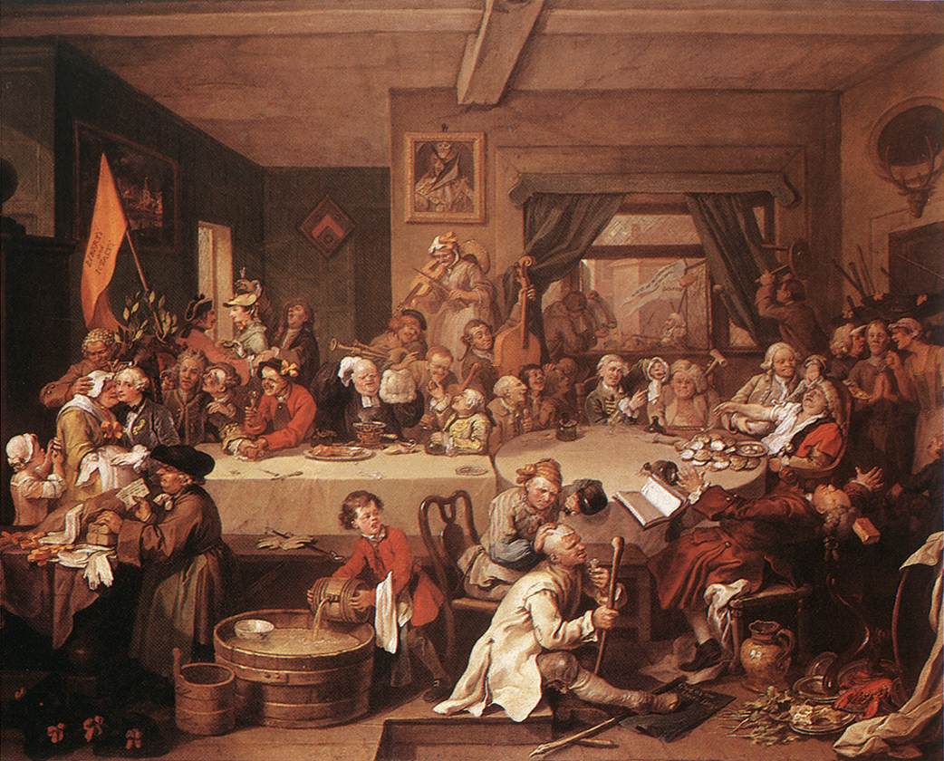 More than 30 very busy looking comic characters in a public house scene in 18th century England 