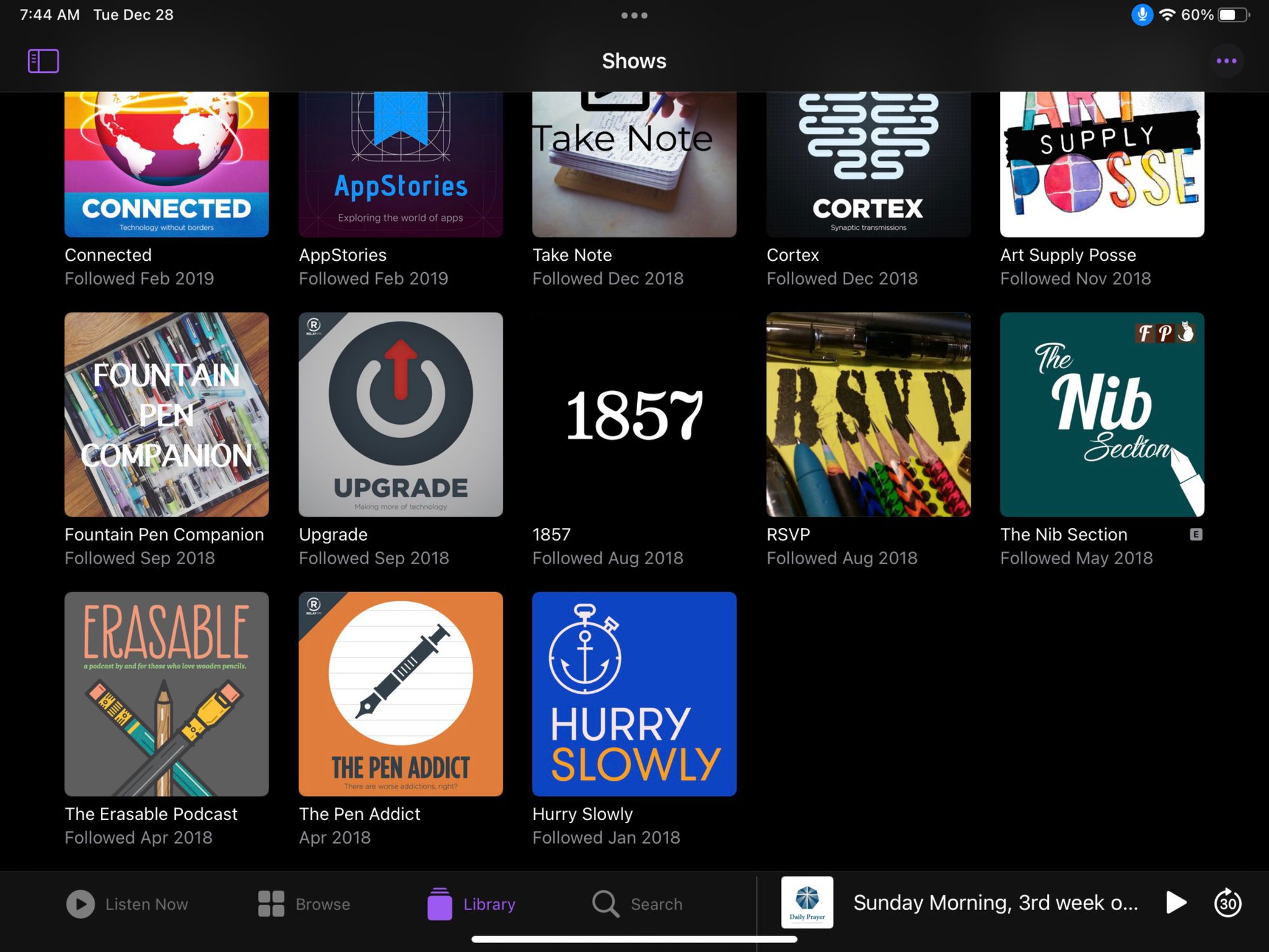 13 podcasts including Connected, AppStories, Take Note, Cortex, 1857, and more
