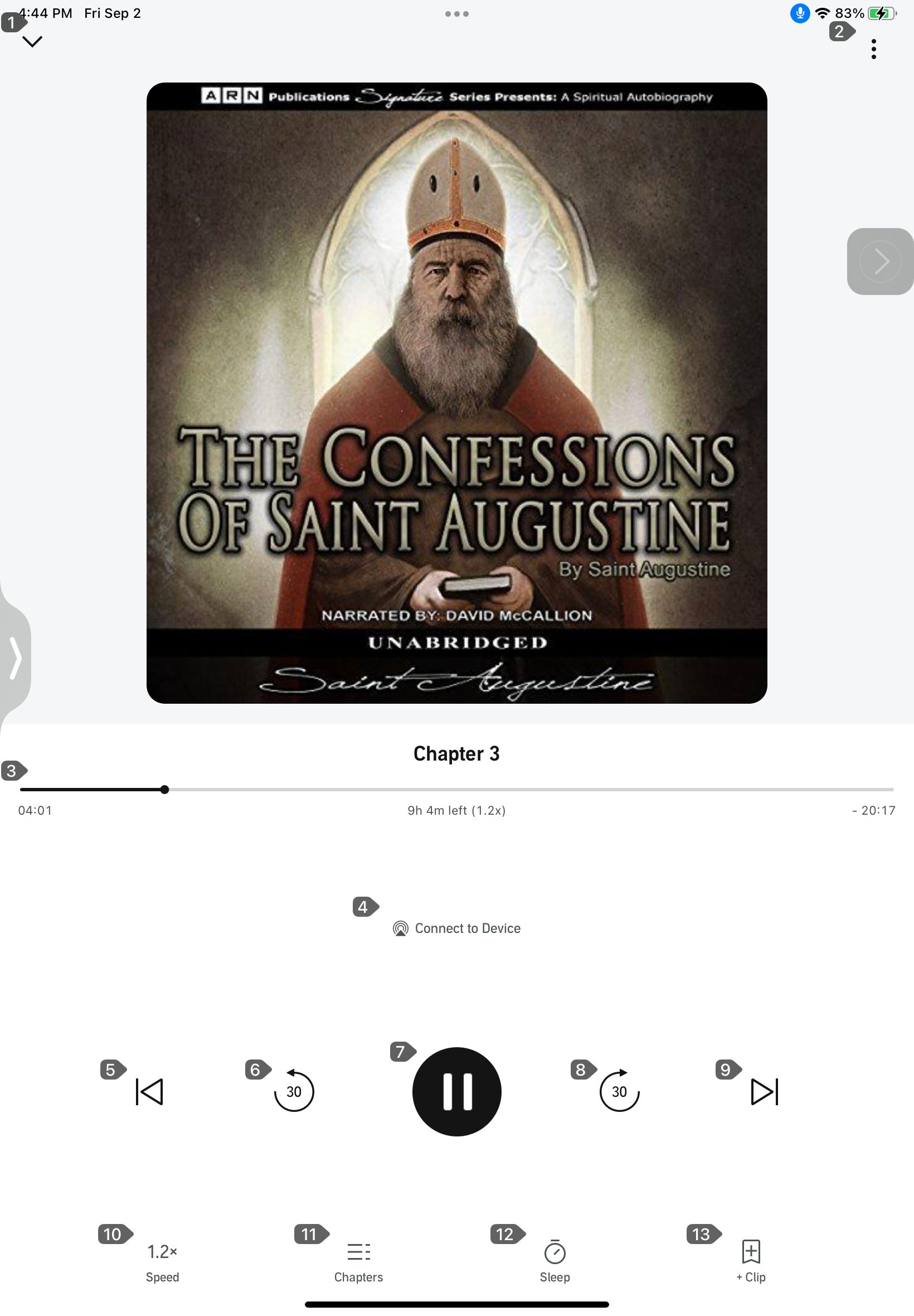 Screenshot of The Confessions of Saint Augustine (unabridged) chapter 3 in progress with speed, volume, chapters, and sleep timer controls