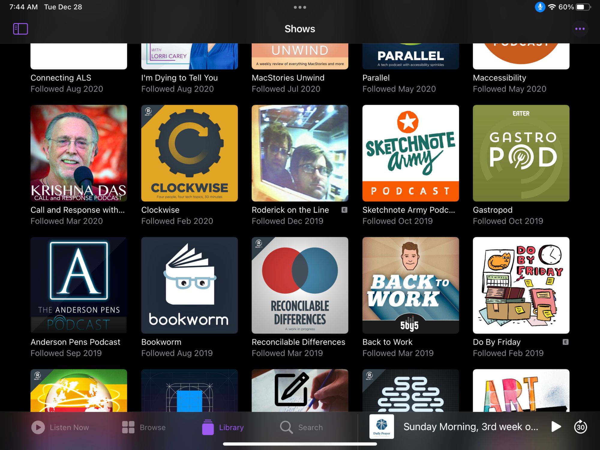 20 podcasts in library including MacStories Unwind, Parallel, Maccessibility, Krishna Das, Clockwise, Roderick on the Line and more