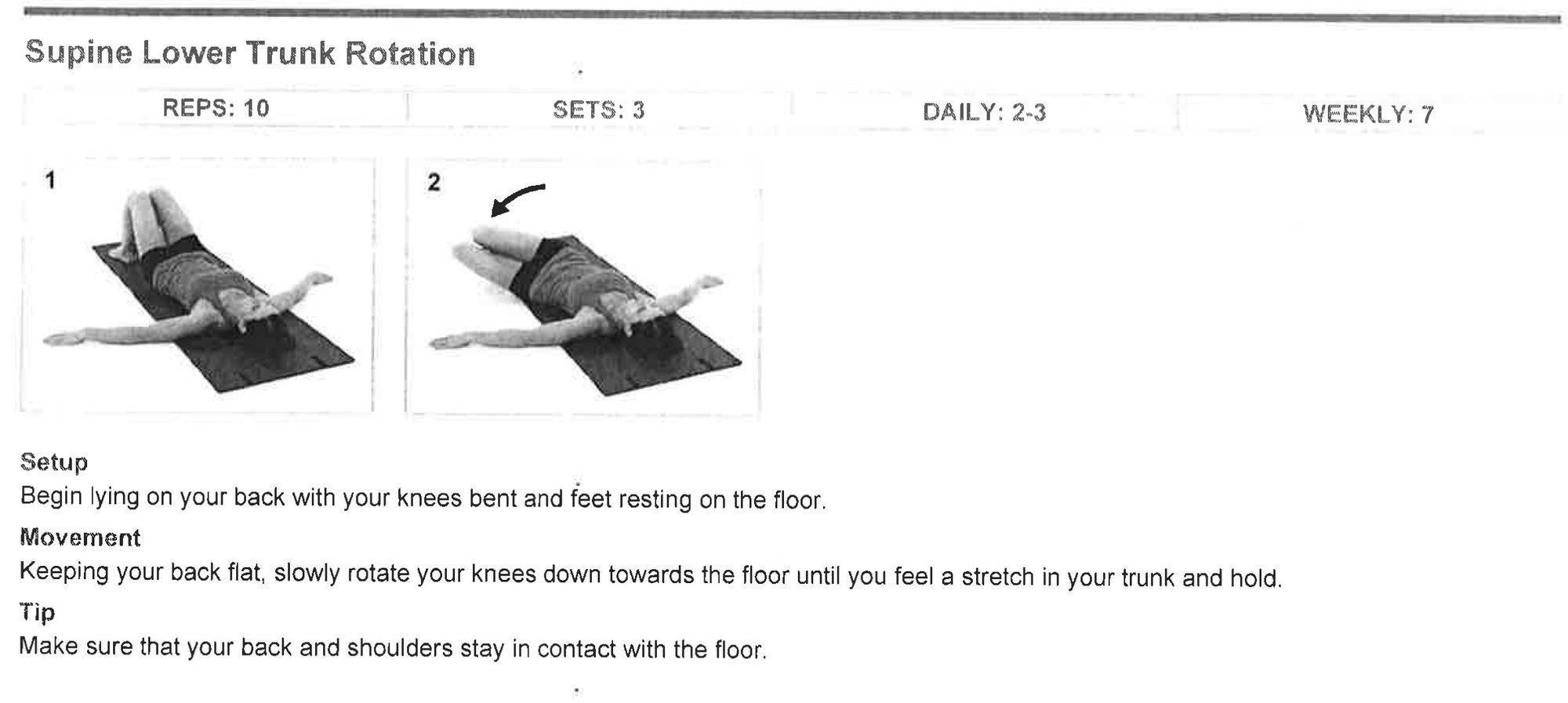 Lower trunk rotation set up, movement, and performance instructions with illustrations