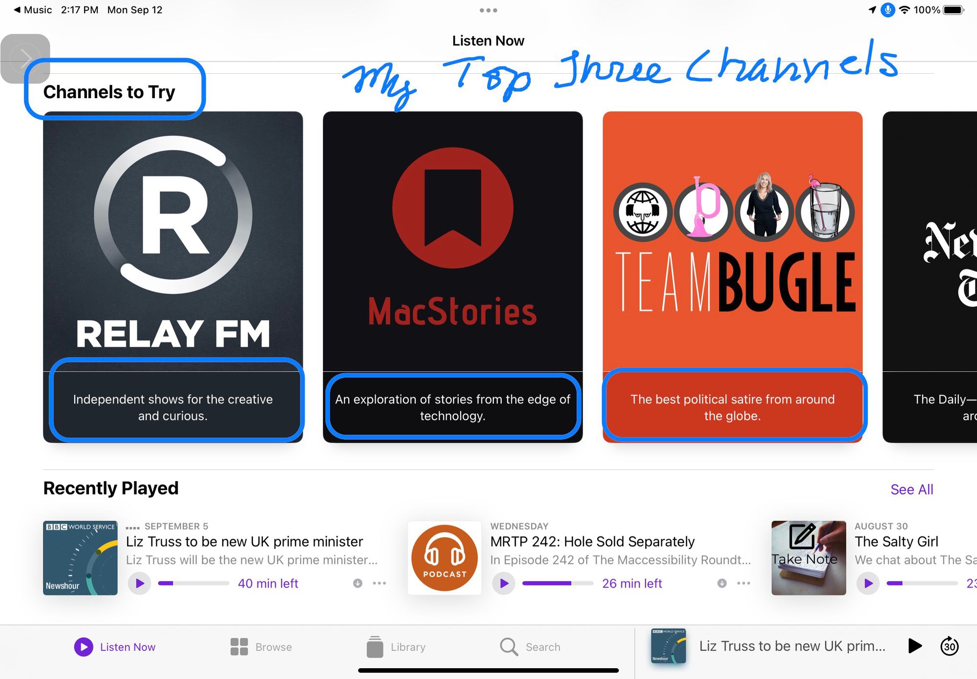 Podcast channels Relay FM, MacStories and Team Bugle