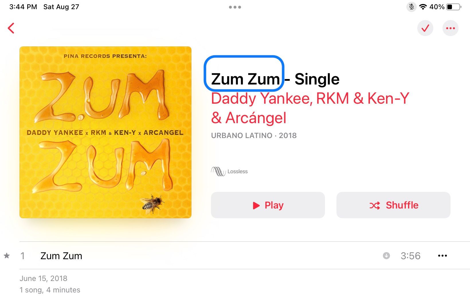 Song title letters with Zum Zum in capitals on yellow background noting it is a single released in 2018 in Urban Latino category 