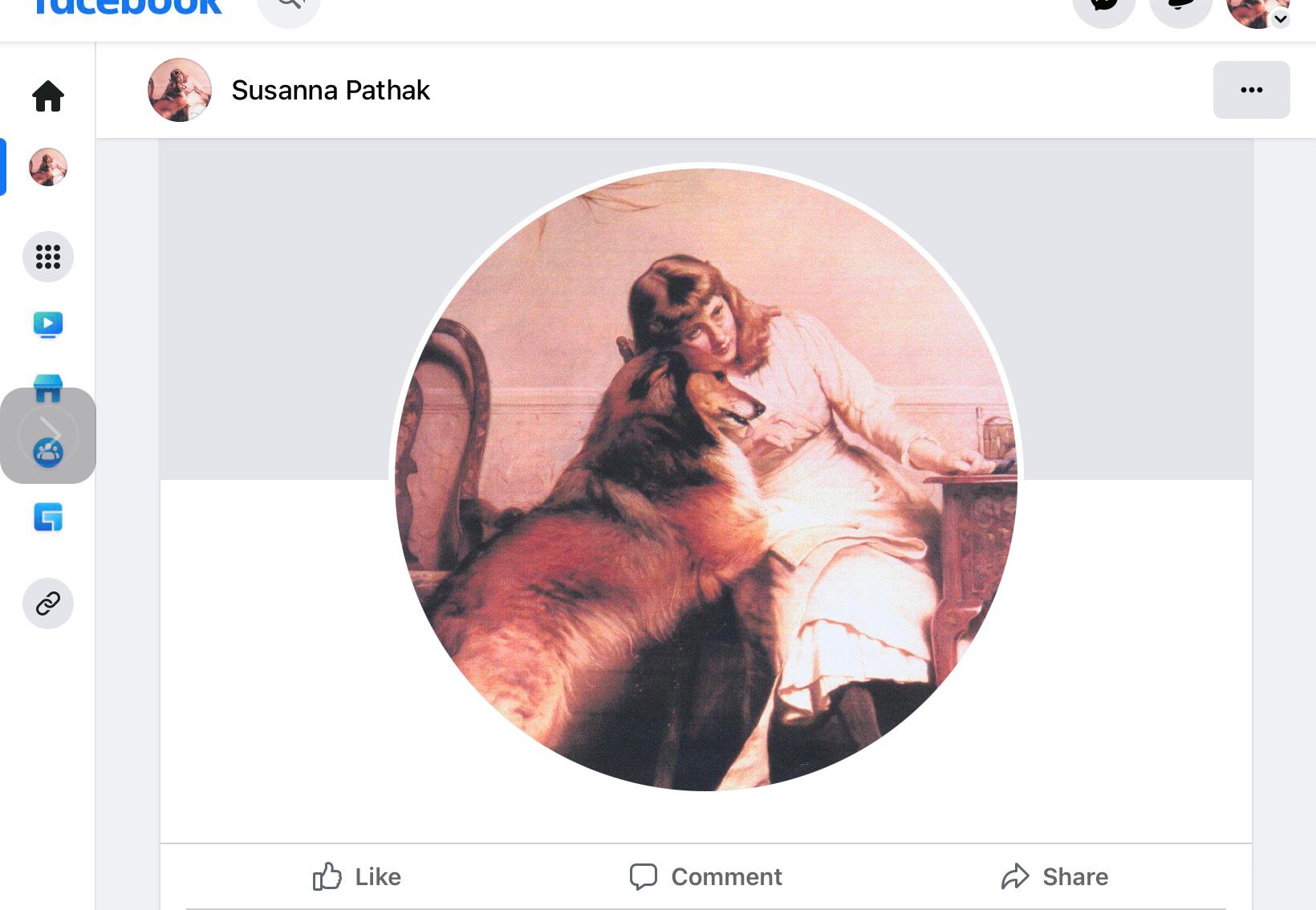 Facebook page for Susanna Pathak with illustration of seated woman resting cheek against head of collie dog 